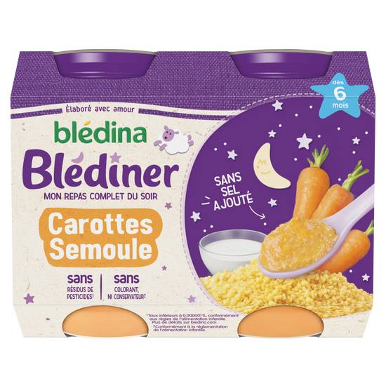 Blédina - Plat à base de légumes pour bébé dès 6 mois (carottes semoule)