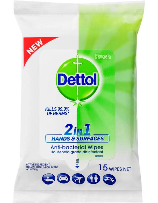 Dettol 2 in 1 Hands and Surfaces Antibacterial Wipes 15pk