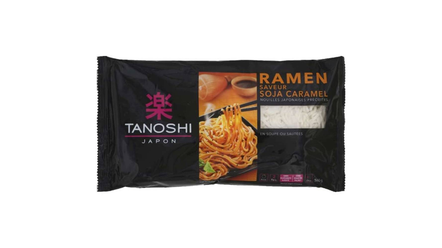 Tanoshi Ramen soja/caramel, nouilles Japonaises précuites, pour soupes ousautées Le sachet de 360g