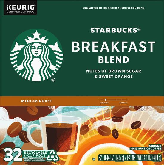 Starbucks Breakfast Blend Medium Roast Coffee K-Cup Pods (32 ct, 0.44 oz)