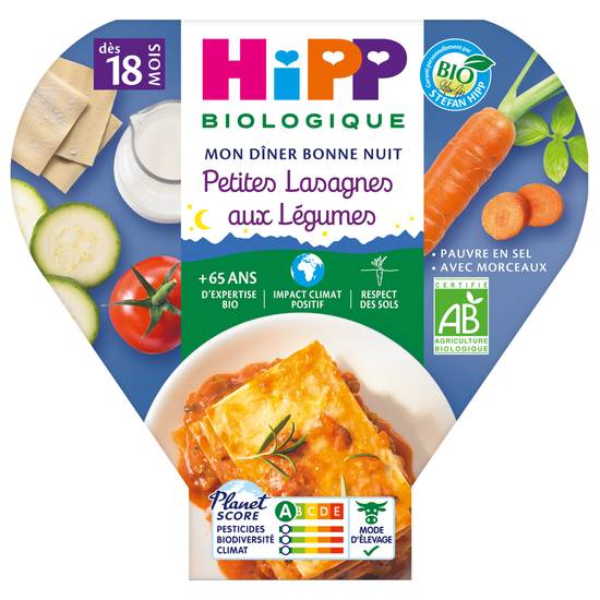 Hipp Biologique - Mon dîner bonne nuit petites lasagnes aux légumes assiette dès 18 mois