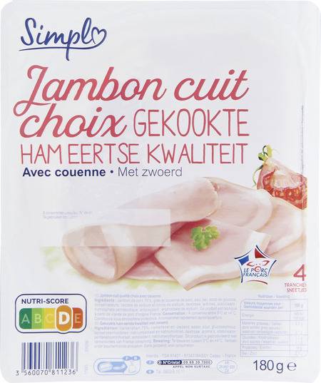 Jambon cuit choix avec couenne SIMPL - la barquette de 4 tranches - 180g