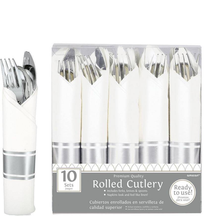 Party City Rolled Silver Premium Plastic Cutlery Sets