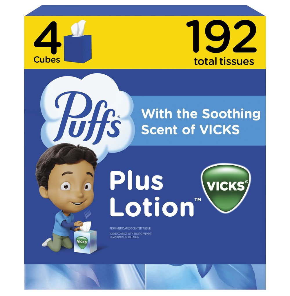 Puffs Plus Lotion Facial Tissue, Vicks, 8.4x8.2 in (4 x 48 ct)