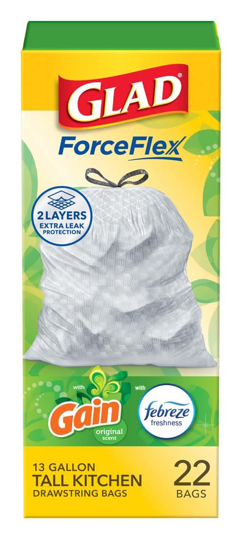 Glad Forceflex Tall Kitchen Drawstring Trash Bags Gain Original Scent 13 Gal - 22 Ct