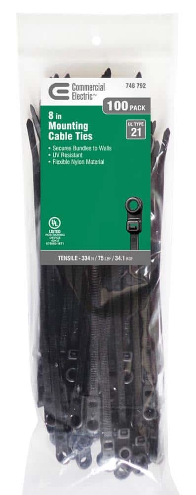 Commercial Electric 8In Mountable 75Lb Tensile Strength Ul 21 Rated Cable Zip Ties 100 Pack Uv (Black)