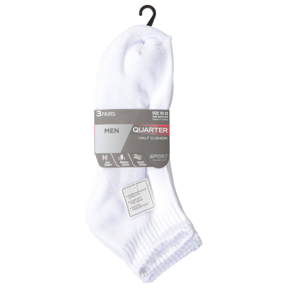 Round the Clock Sport Mens Quarter Socks Size 10-13 (3 ct)