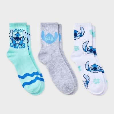 Lilo & Stitch Polyester Mid Crew Socks, Women, 4-10, Mint/Heather Gray/White (3 ct)