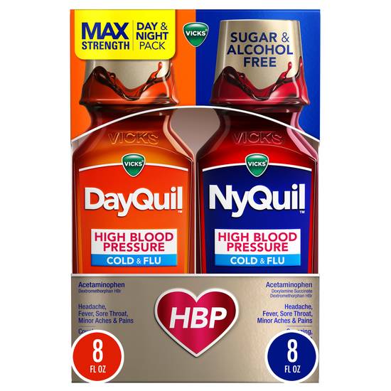 VICKS NyQuil & DayQuil High Blood Pressure Combo Liquid Cold, Cough, and Flu Relief, 2x8 OZ