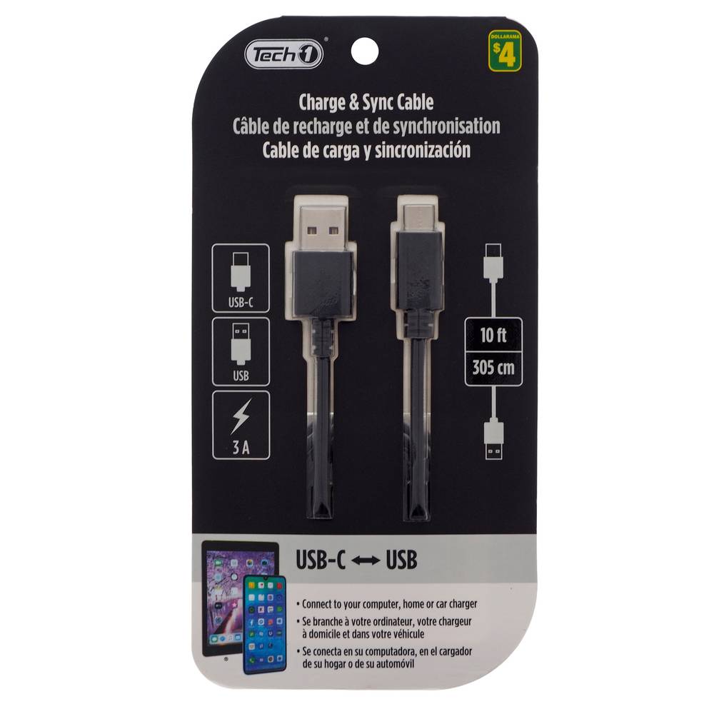 Tech1 Usb To Type C Charge & Sync Cable (10 ft)