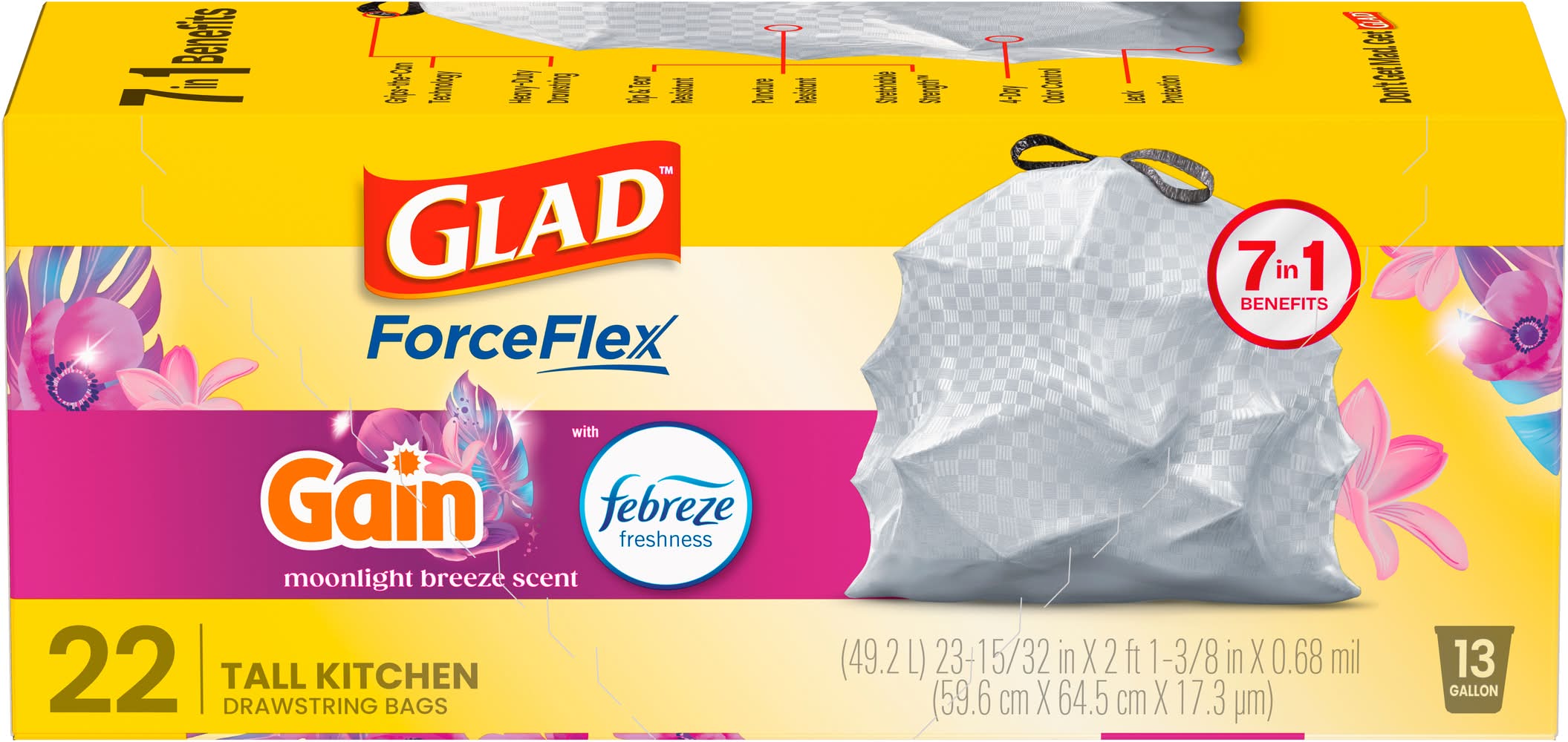 Glad Forceflex Tall Kitchen Drawstring Trash Bags 13 Gal, Moonlight Breeze, 59.6cm x 64.5cm x 18.3μm (22 ct)