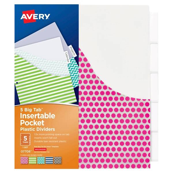 Avery(R) Big Tab(TM) Insertable Plastic Dividers with Pockets 07708, 5 Tabs, 1 Set, Assorted Fashion Designs