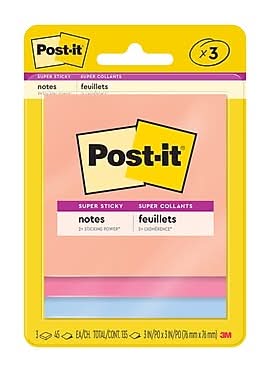 Post-it Super Sticky Notes, 3 x 3, Summer Joy Collection, 45 Sheets/Pad, 3 Pads/Pack (3321-SSJOY)