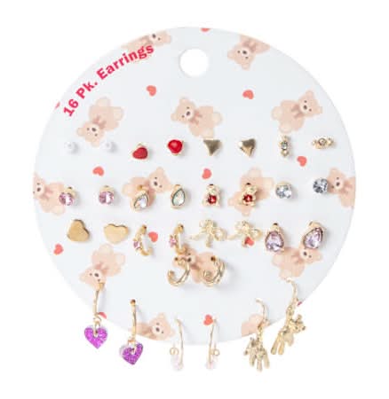 Earrings 16-Pack Heart Bear