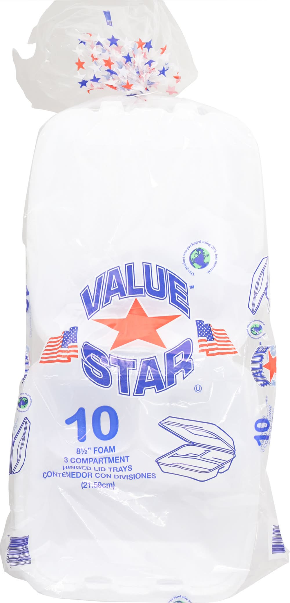 Value Star 8-1/2 Inch Foam 3 Compartment Hinged Lid Trays