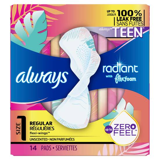 Always Radiant Teen Pads, Regular Absorbency, Unscented, 14 Count