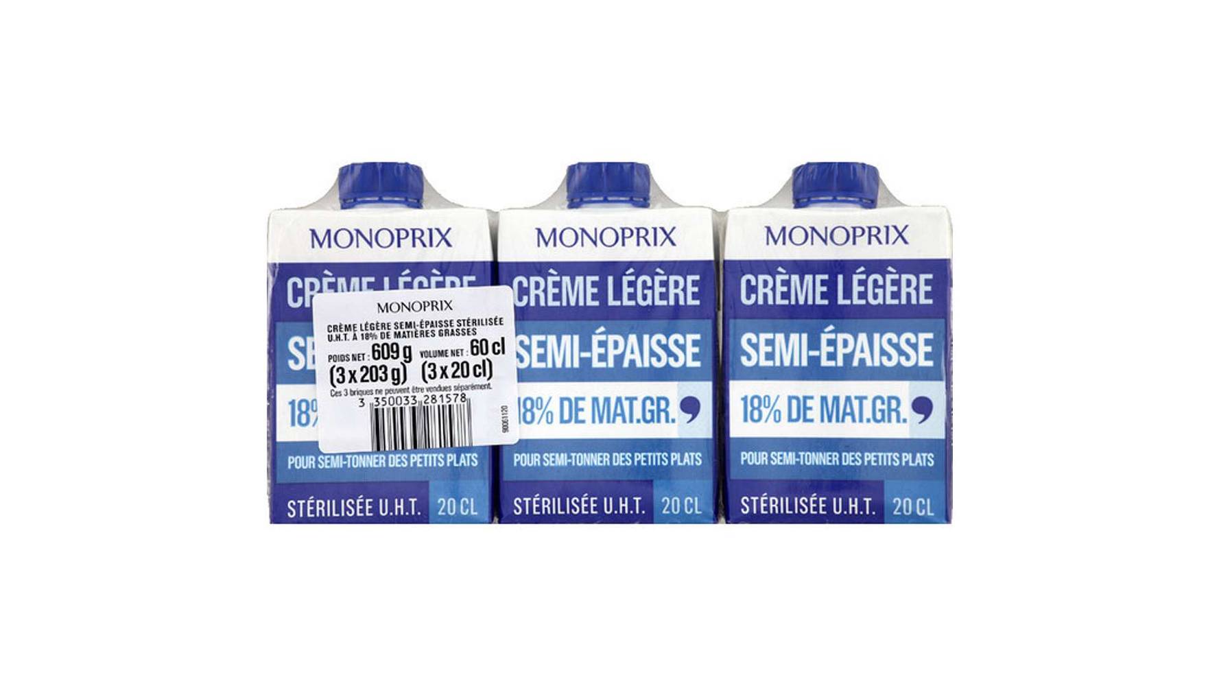 Monoprix Crème légère semi-épaisse 18% MG Les 3 briques de 20 cl