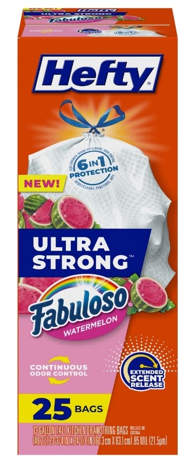 Hefty Ultra Strong Drawstring Kitchen Trash Bags 13 Gal, Fabuloso Watermelon, 60.3X 63.1 cm (25 ct)