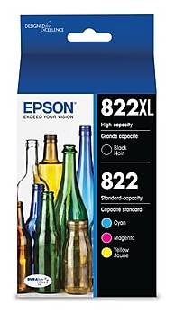 Epson T822XL/T822 Black High Yield and Cyan/Magenta/Yellow Standard Yield Ink Cartridges, 4/Pack (T822XL-BCS)