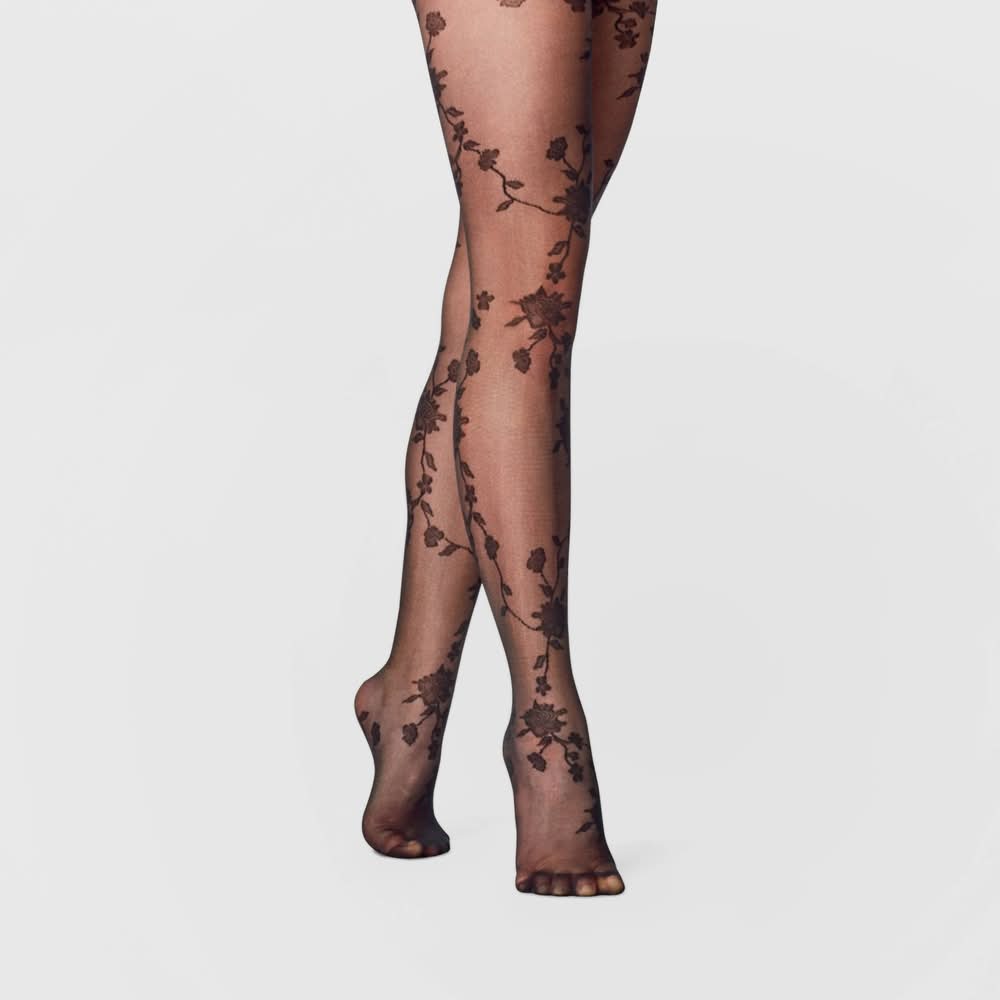 A New Day Viney Floral Tights, Women, L/XL, Black