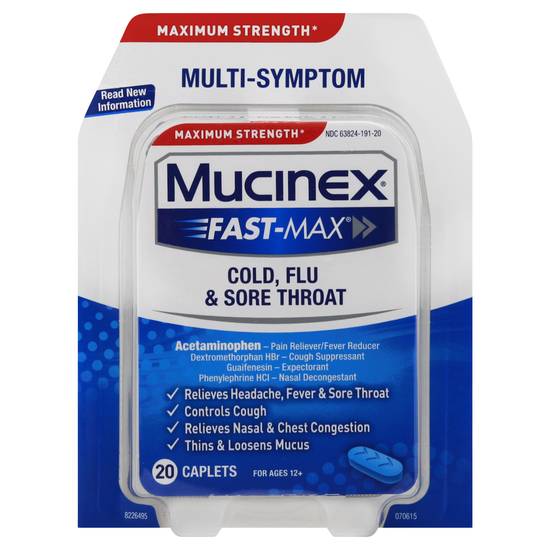 Mucinex Fast-Max Maximum Strength Cold, Flu & Sore Throat Relief Caplets (20 ct)