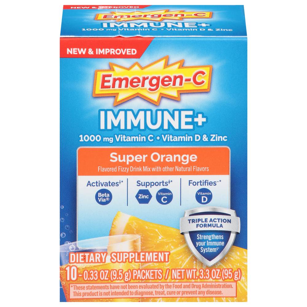 Emergen-C Immune+ Fizzy Super Drink Mix, Orange (0.33 oz, 10 ct)