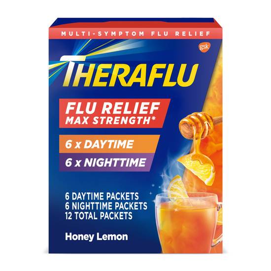 Theraflu Flu Relief Max Strength Daytime/Nighttime Combo Pack, Hot Liquid Powder Packets, Honey Lemon, 12 CT