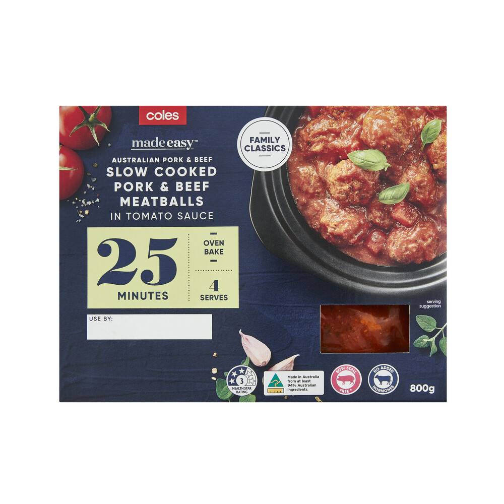 Coles Family Classics Made Easy Slow Cooked Pork & Beef Meatballs In Tomato Sauce 800g