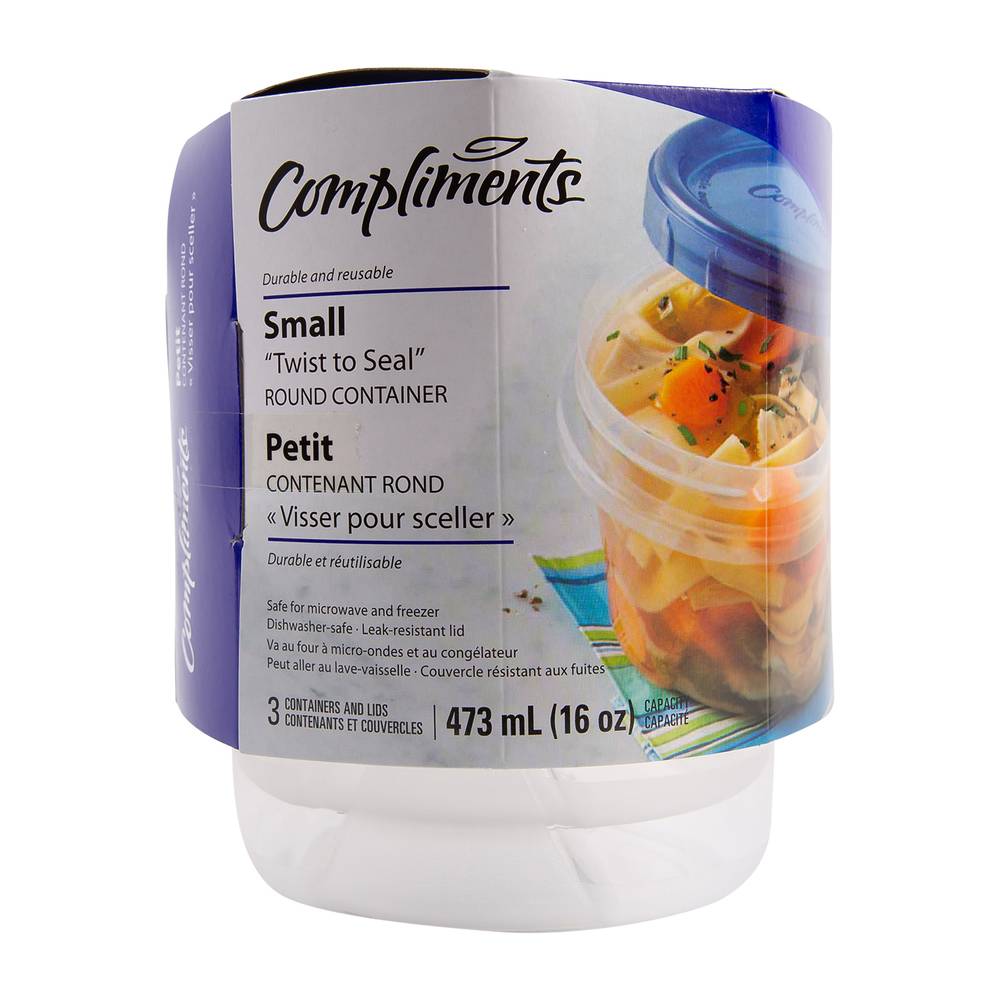 Compliments Twist To Seal Round Containers With Lids 473 ml, Small (3 ct)