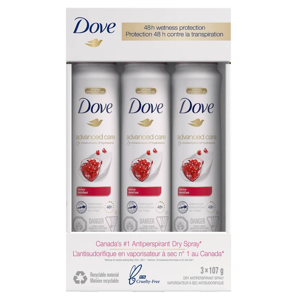 Dove Deodorant + Antiperspirant Dry Spray, 3 X 107 G