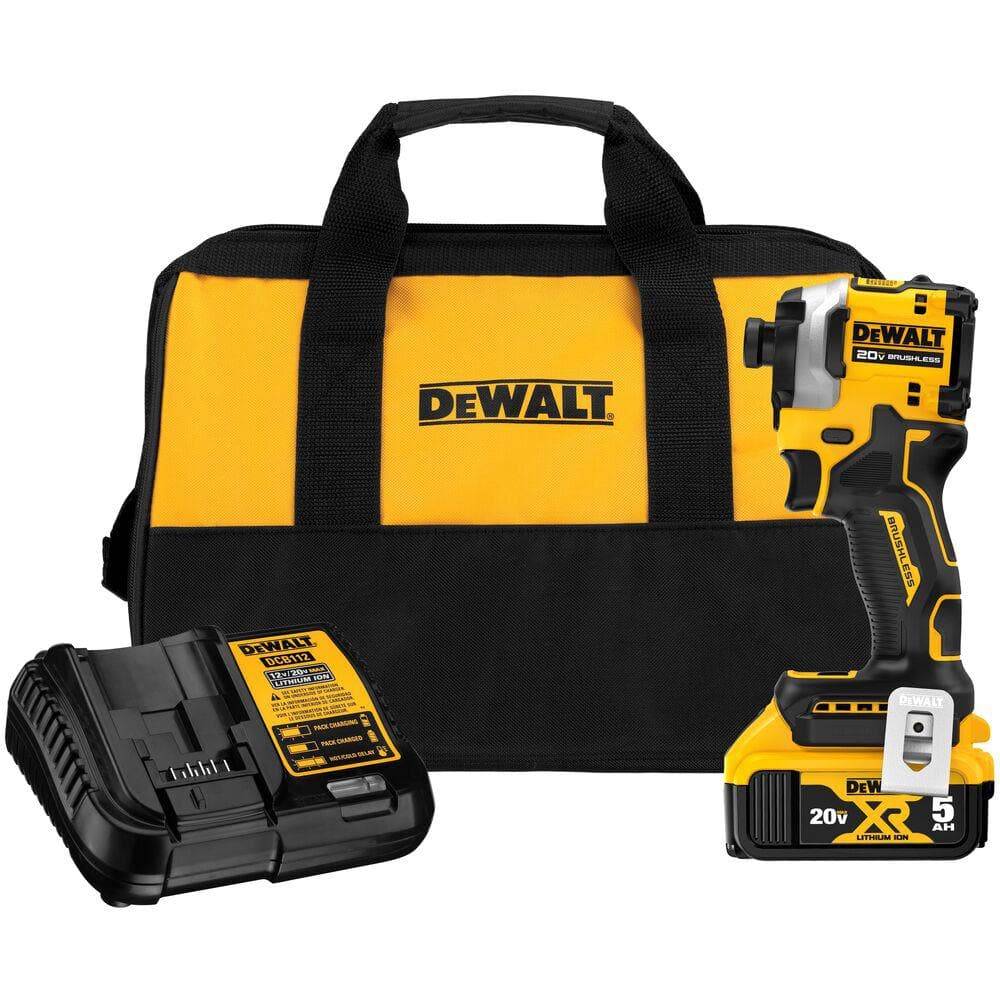 Dewalt Atomic 20V Max Lithium-Ion Cordless 1/4 In. Brushless Impact Driver Kit, 5 Ah Battery, Charger, And Bag