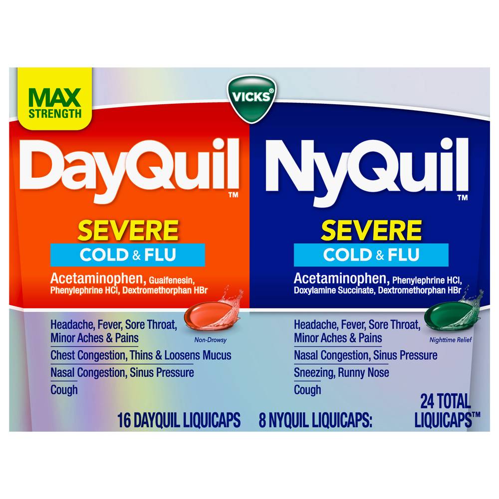 Vicks Dayquil Nyquil Max Strength Severe Cold & Flu Liquicaps (3.2 oz, 24 ct)