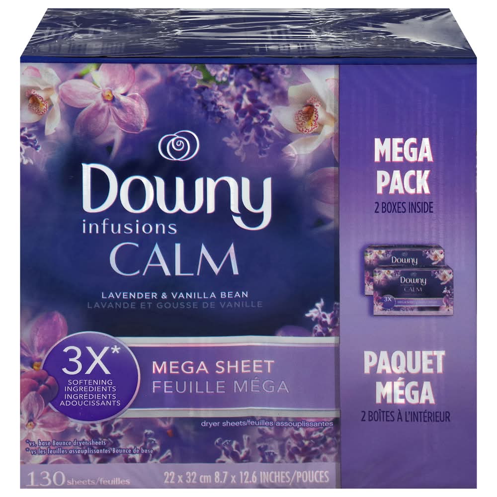 Downy Infusions Calm Fabric Softener Mega Dryer Sheets, Lavender & Vanilla Bean, 8.7x12.6 in (130 ct)