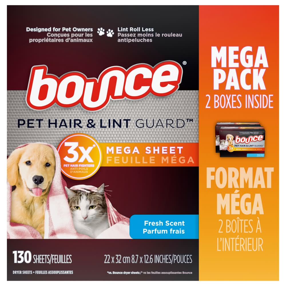 Bounce Pet Hair & Lint Guard Mega Dryer Sheets, Fresh, 8.7x12.6 In (28.8 oz, 130 ct)