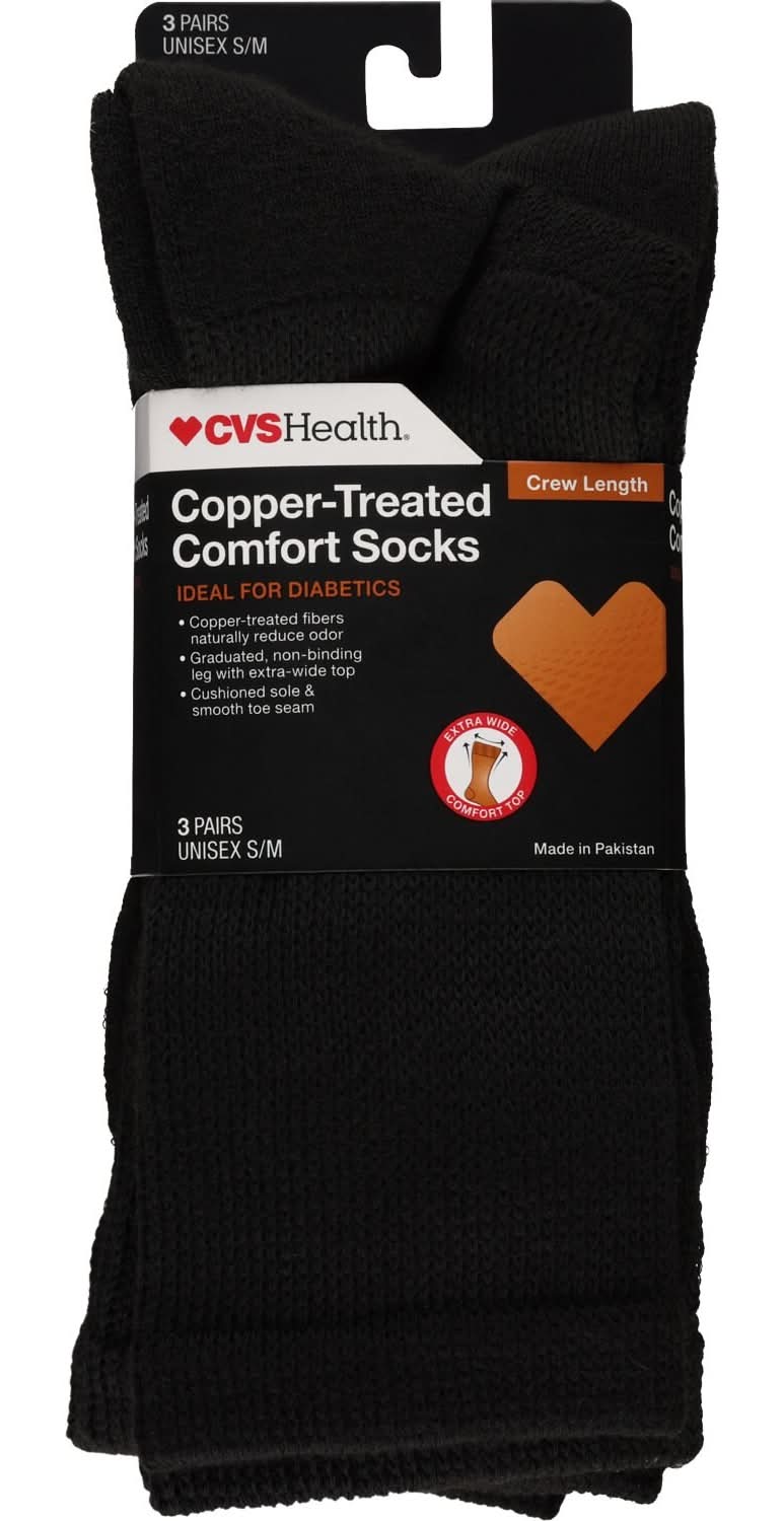 Cvs Copper-Treated Diabetic Crew Socks, Black, S/M, 3 Pr