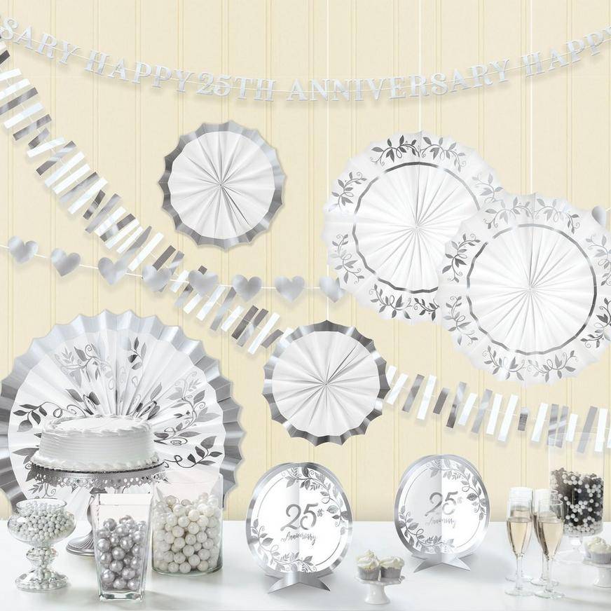 Metallic Silver White 25th Anniversary Room Decorating Kit, 10pc