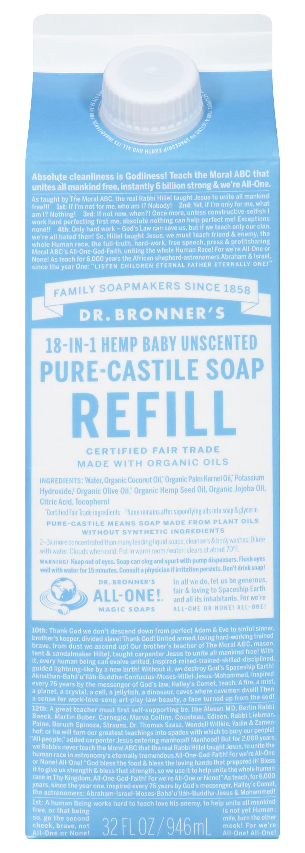 Dr. Bronner's Hemp Baby Pure-Castile Refill Unscented Soap (32 fl oz)