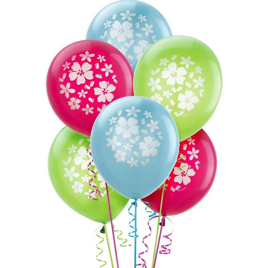 Party City Hibiscus Print Latex Balloons (15 ct, 12in/pink, green, blue)