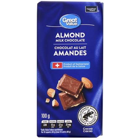 Great value chocolat au lait aux amandes de great value (100 g) - almond milk chocolate (100 g)