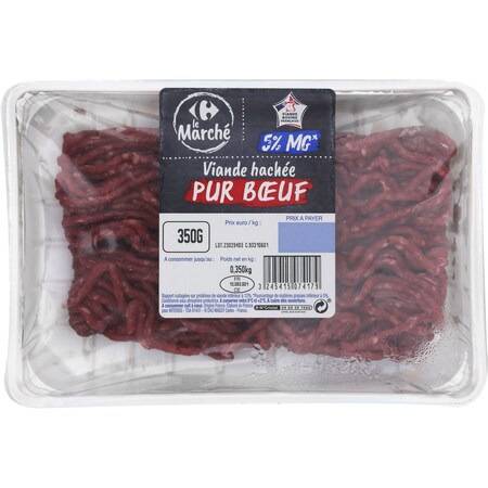Viande hachée pur bœuf 5% MG CARREFOUR LE MARCHE - la barquette de 350g
