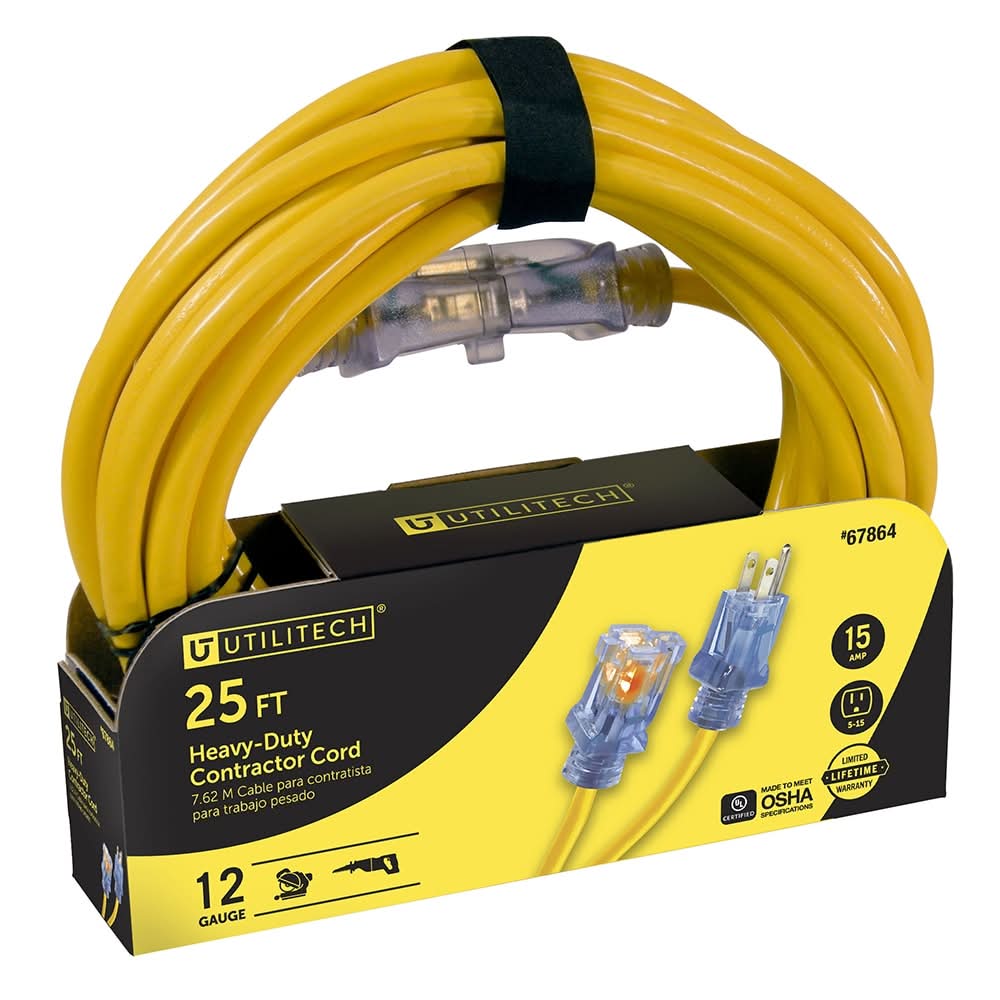 Utilitech 25-ft 12 / 3 Heavy Duty 3 Prong Yellow Outdoor Extension Power Cord