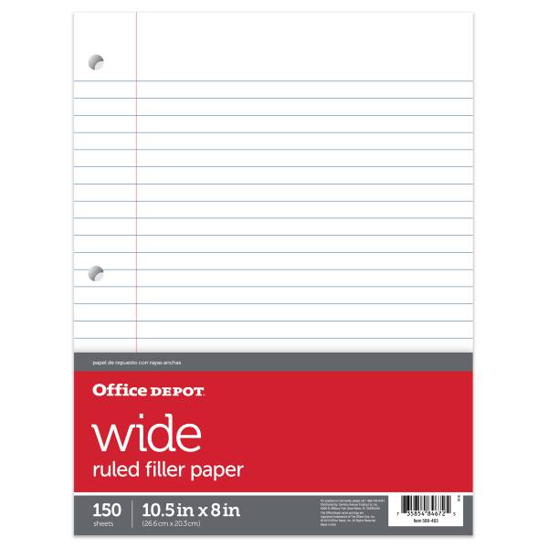 Office Depot® Brand Notebook Filler Paper, Wide Ruled, 8" x 10 1/2", 3-Hole Punched, White, Pack Of 150 Sheets