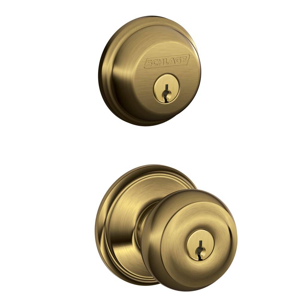 Schlage Georgian Antique Brass Exterior Single-cylinder deadbolt Keyed Entry Door Knob Combo Pack | FB50N V GEO 609