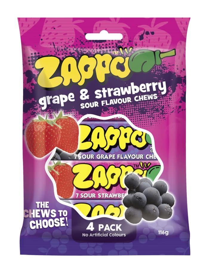 Zappo Sour Chews, Grape-Strawberry (116g, 4 pack)