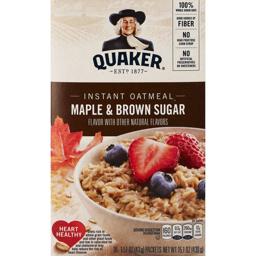 Quaker Instant Oatmeal Packets, Maple & Brown Sugar, 10 Ct, 15.1 Oz