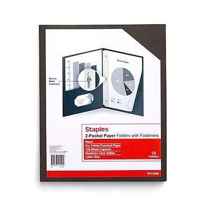Staples 10% Recycled Smooth 2-Pocket Paper Presentation Folder with Fasteners, Black, 10/Pack (13386-US)