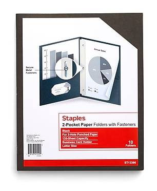 Staples 10% Recycled Smooth 2-Pocket Paper Presentation Folder with Fasteners, Black, 10/Pack (13386-US)