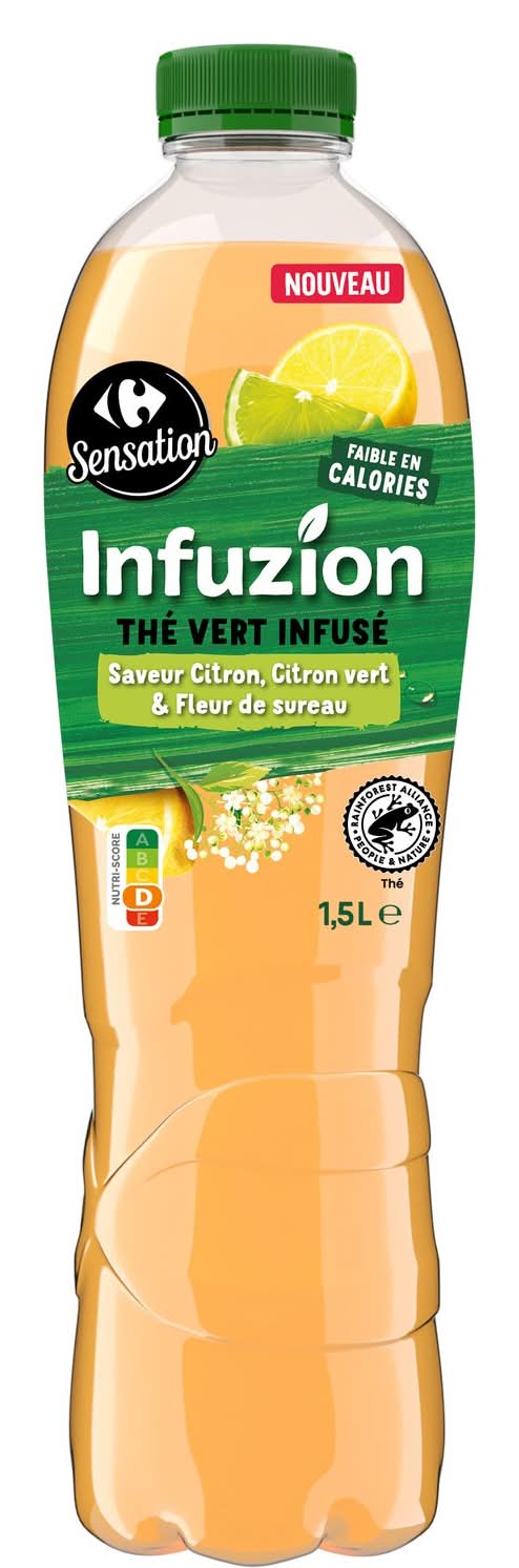 Boisson Thé Vert Infuzion Saveur Citron, Citron Vert & Fleur de Sureau CARREFOUR SENSATION - la bouteille de 1,5L