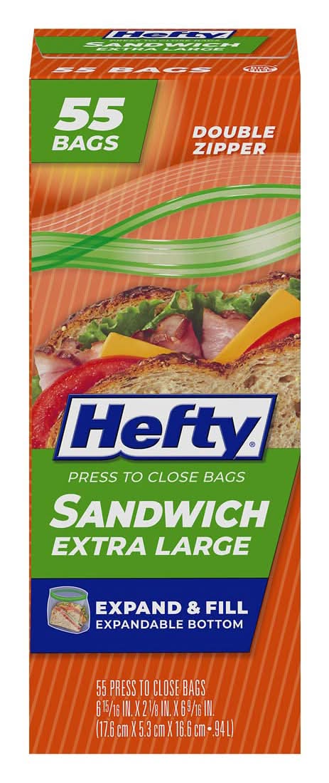 Hefty Sandwich Press To Close Plastic Bags, XL (55 ct)