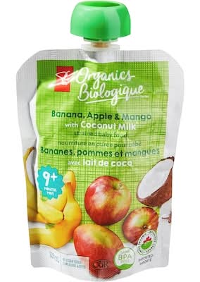 Pc organics nourriture en purée pour bébé - strained baby food (9+ mois/bananes pommes & mangues avec lait de coco )